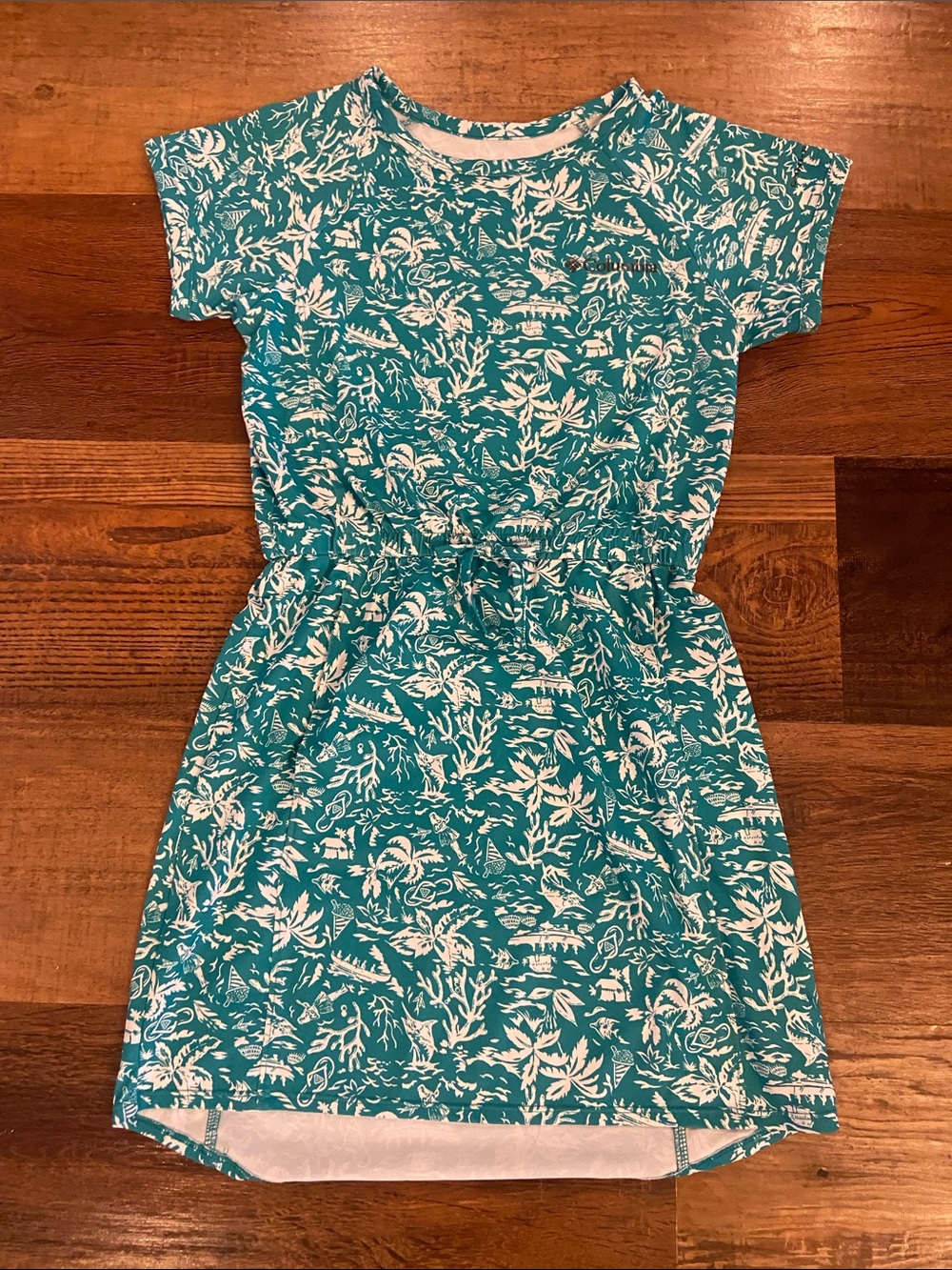 Girls' Teal Tropical Print Short Sleeve Dress